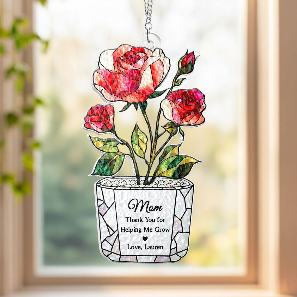 Personalized Stained Glass Birth Month Flower Suncatcher: Custom Flower Pot Window Hanging Gift for Mom, Mothers Day Gift from Daughter Son