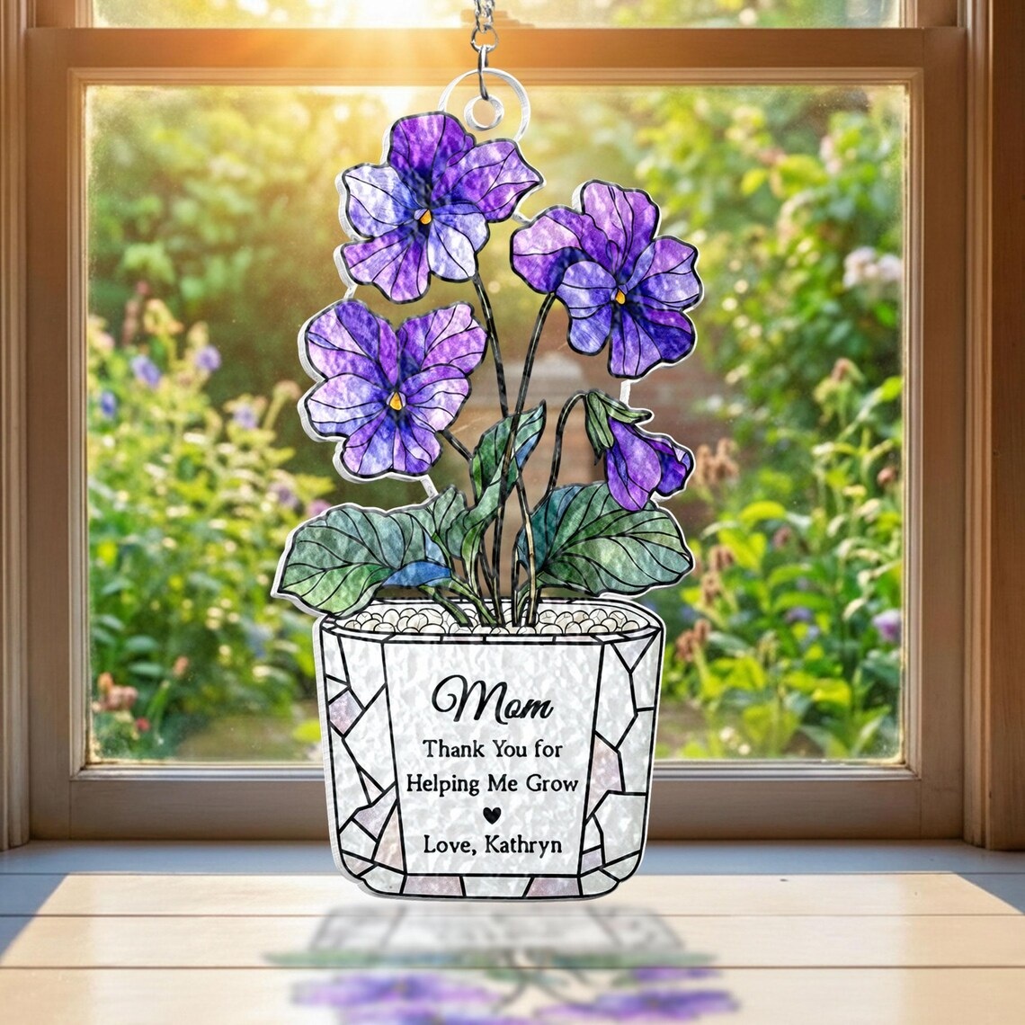 Personalized Stained Glass Birth Month Flower Suncatcher: Custom Flower Pot Window Hanging Gift for Mom, Mothers Day Gift from Daughter Son