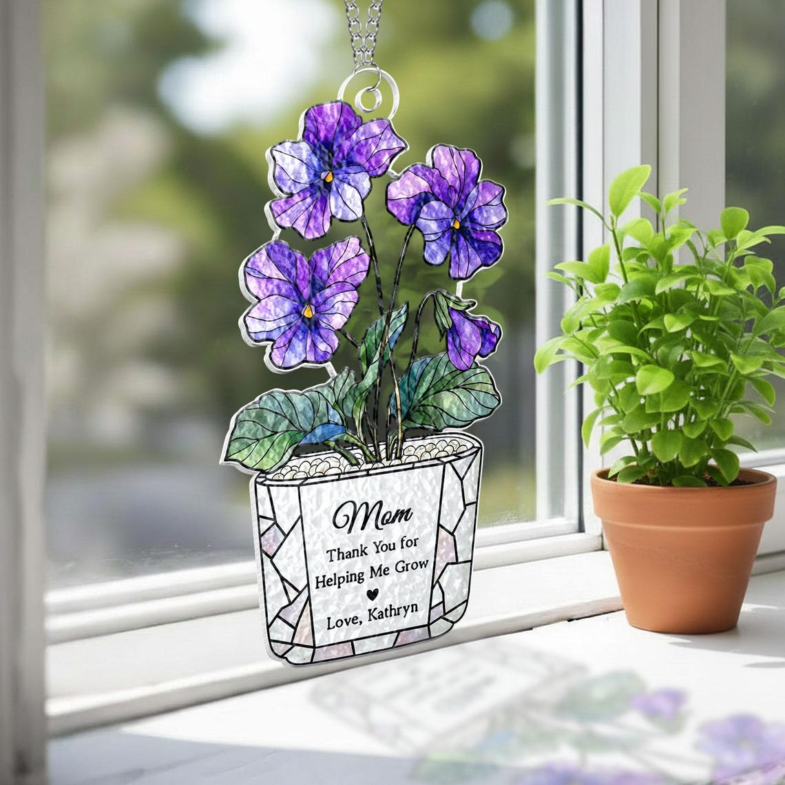 Personalized Stained Glass Birth Month Flower Suncatcher: Custom Flower Pot Window Hanging Gift for Mom, Mothers Day Gift from Daughter Son