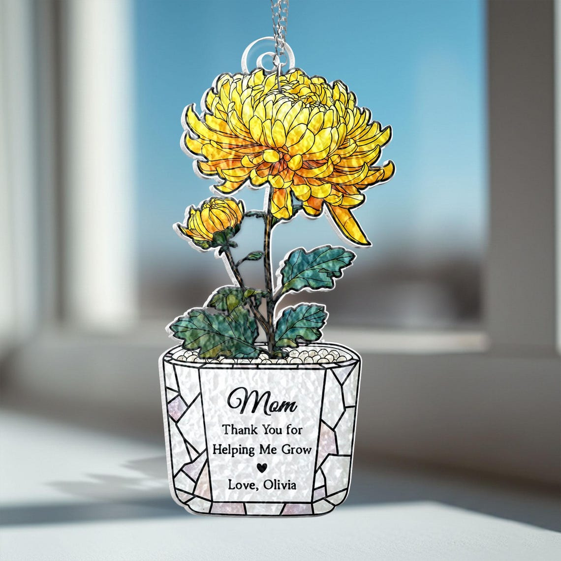 Personalized Stained Glass Birth Month Flower Suncatcher: Custom Flower Pot Window Hanging Gift for Mom, Mothers Day Gift from Daughter Son
