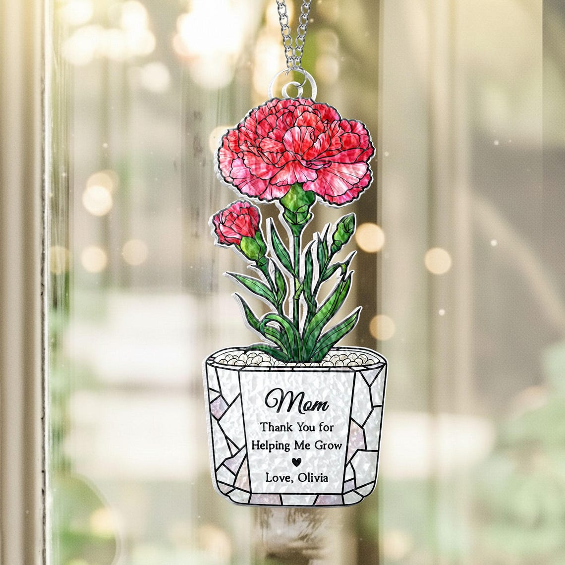 Personalized Stained Glass Birth Month Flower Suncatcher: Custom Flower Pot Window Hanging Gift for Mom, Mothers Day Gift from Daughter Son