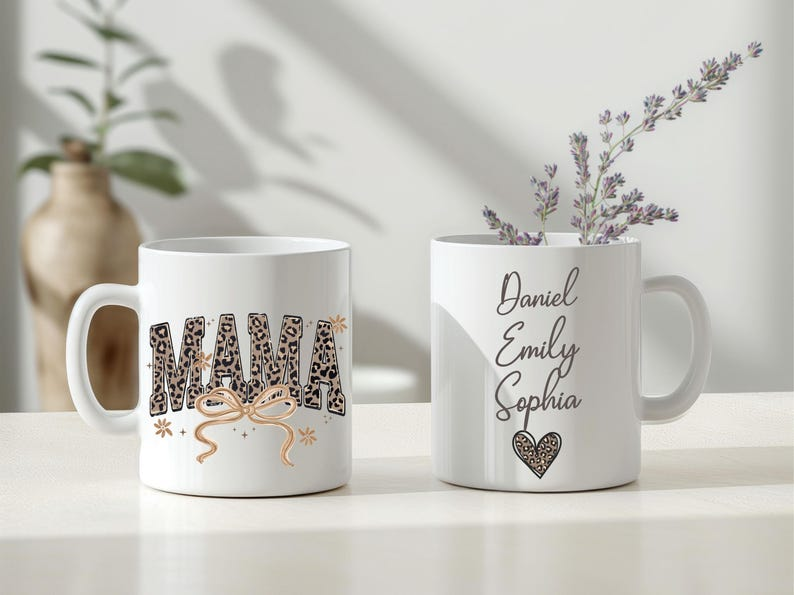 Personalized Mama Mug with Kids’ Names – Leopard Print Custom Gift for Mom