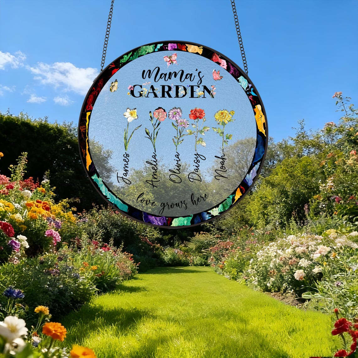 Birth Flower Grandma's Garden Personalized Stained Glass Window Hanging Suncatcher, Mother's Day Gift 2026, Gift For Mom, Gift For Grandma