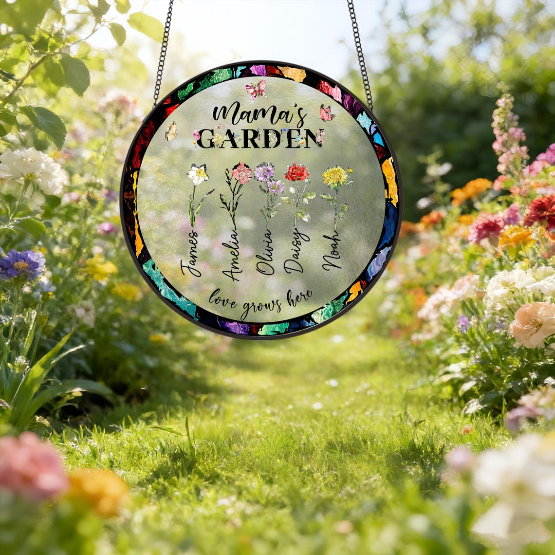 Birth Flower Grandma's Garden Personalized Stained Glass Window Hanging Suncatcher, Mother's Day Gift 2026, Gift For Mom, Gift For Grandma