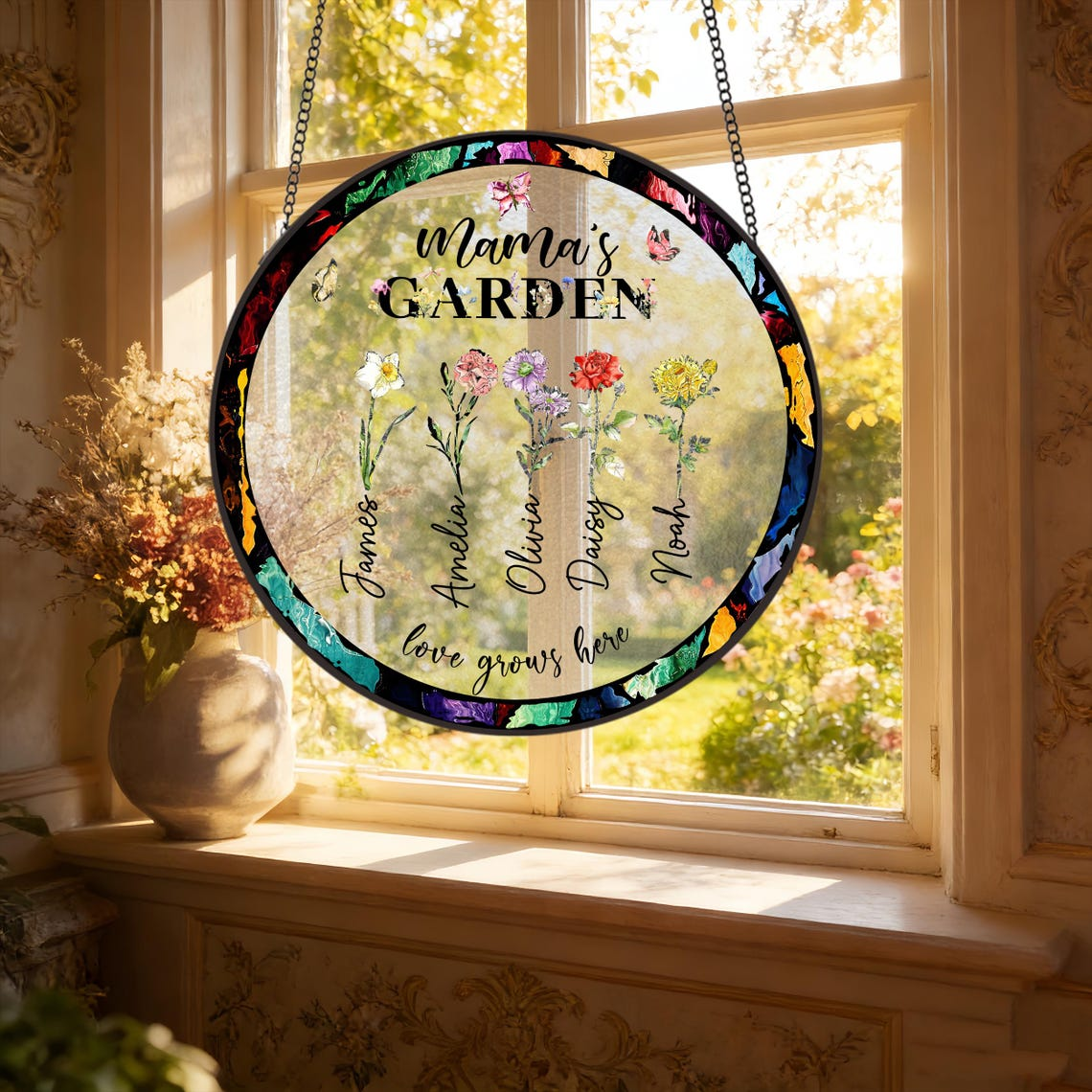 Birth Flower Grandma's Garden Personalized Stained Glass Window Hanging Suncatcher, Mother's Day Gift 2026, Gift For Mom, Gift For Grandma