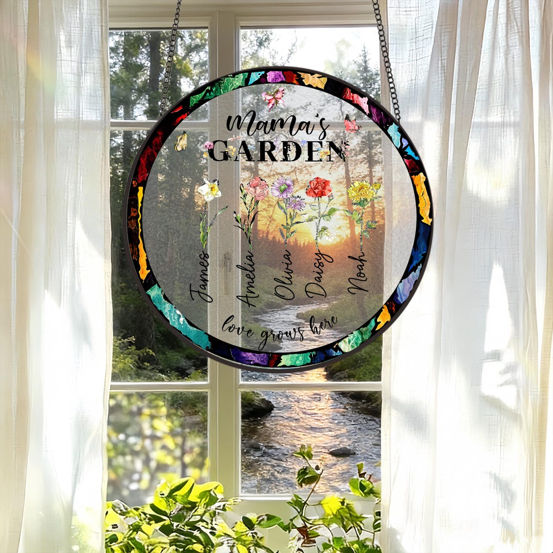 Birth Flower Grandma's Garden Personalized Stained Glass Window Hanging Suncatcher, Mother's Day Gift 2026, Gift For Mom, Gift For Grandma