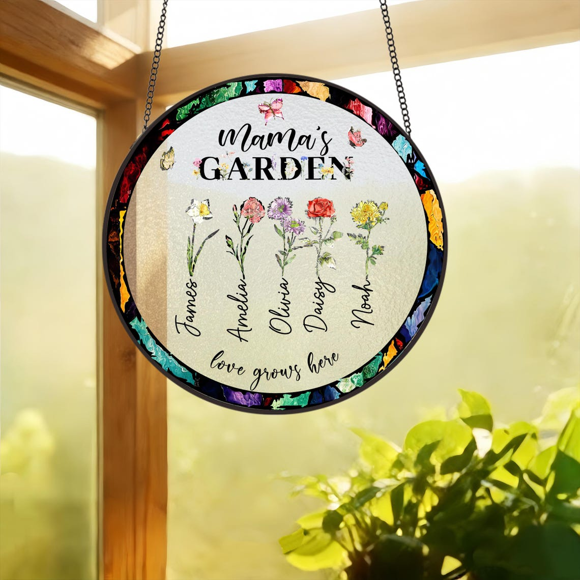 Birth Flower Grandma's Garden Personalized Stained Glass Window Hanging Suncatcher, Mother's Day Gift 2026, Gift For Mom, Gift For Grandma