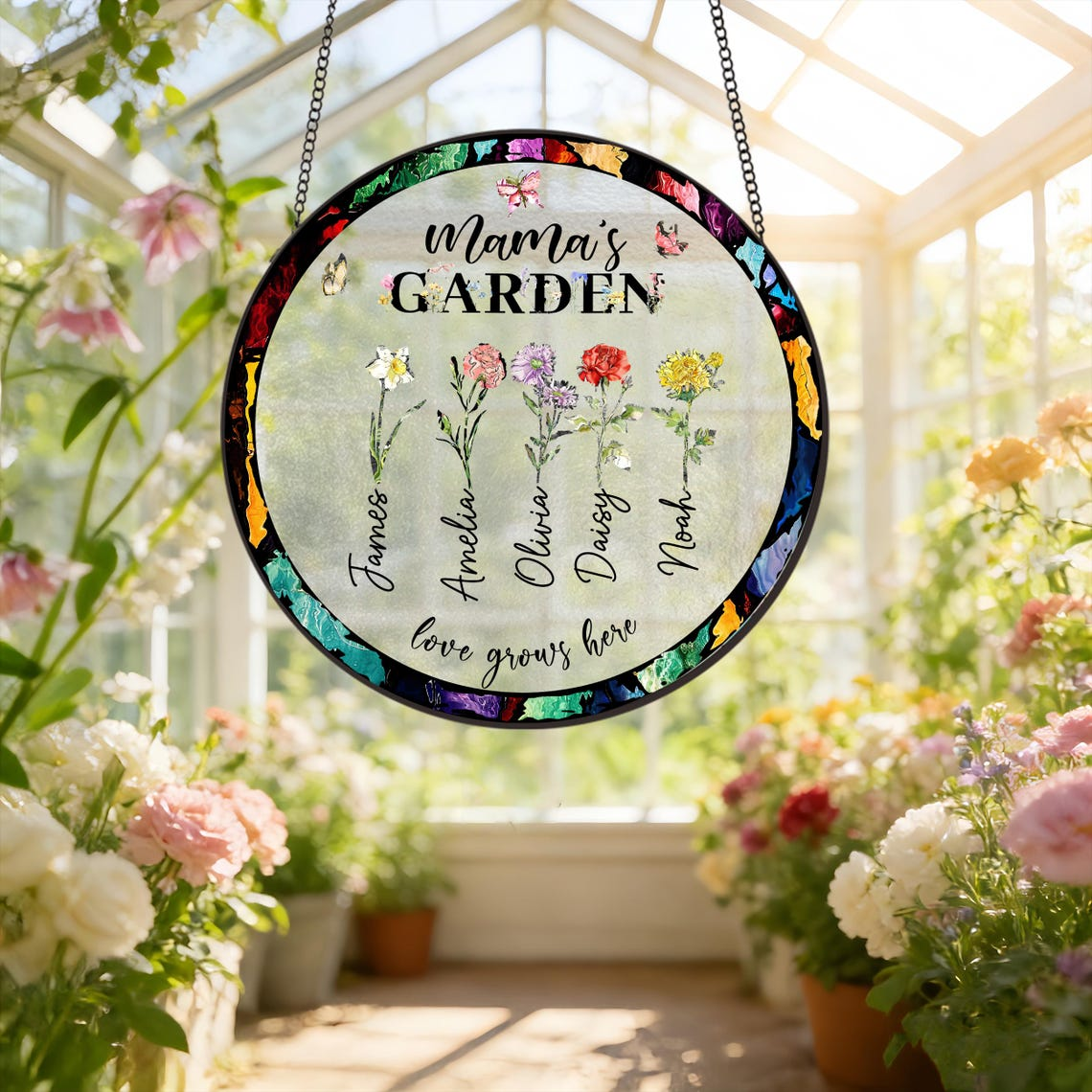 Birth Flower Grandma's Garden Personalized Stained Glass Window Hanging Suncatcher, Mother's Day Gift 2026, Gift For Mom, Gift For Grandma