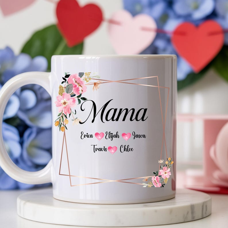 Custom Mama Mug with Kids Names – “My Bosses Call Me Mama” Floral Gift for Mom