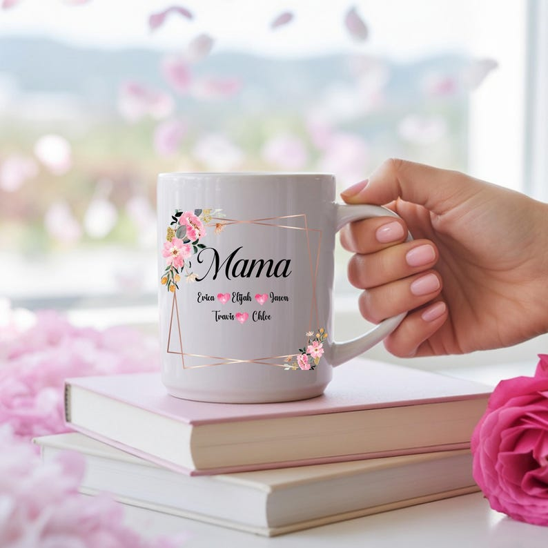 Custom Mama Mug with Kids Names – “My Bosses Call Me Mama” Floral Gift for Mom