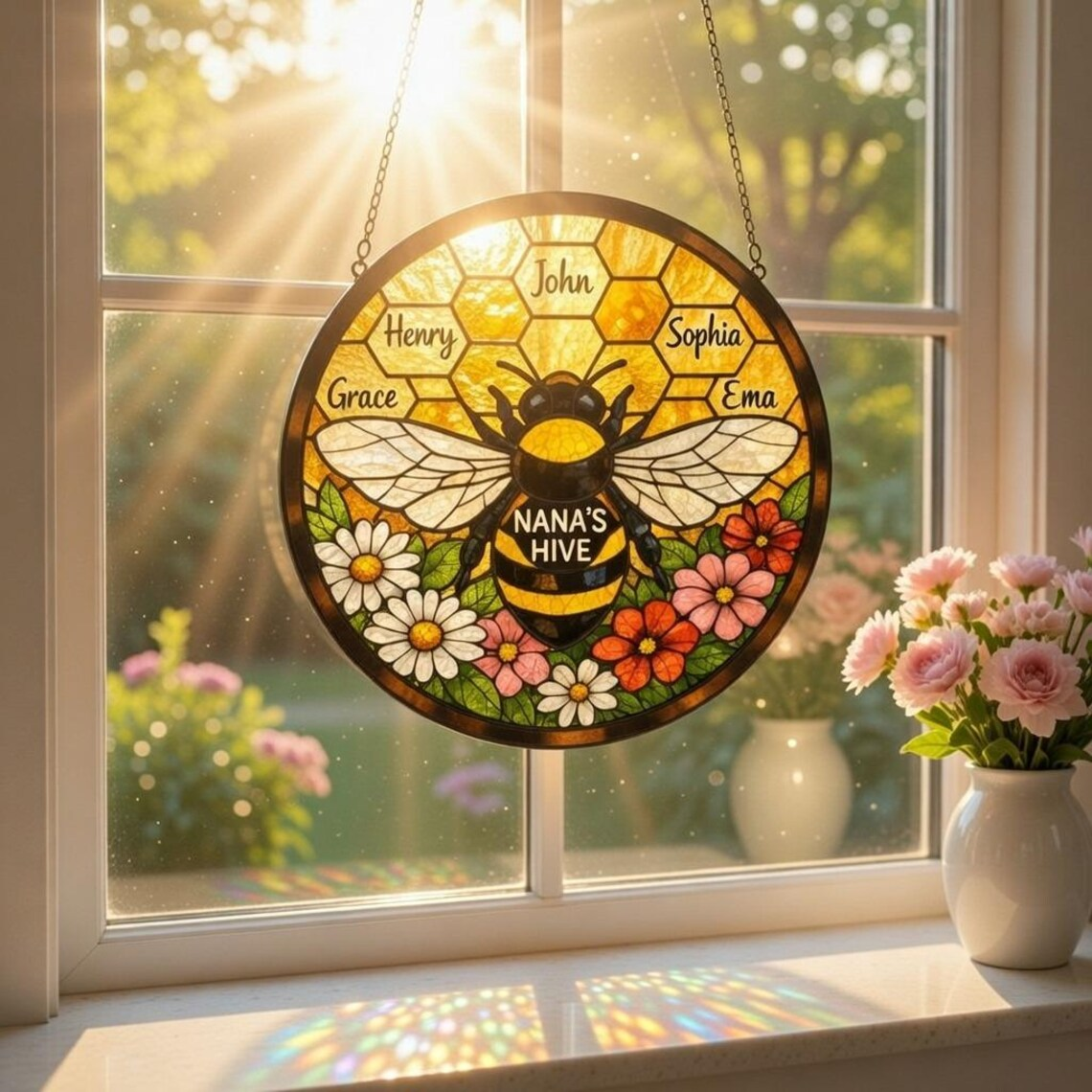 Personalized Bee Family Stained Glass Suncatcher: Nana’s Hive Stained Glass, Custom Kids Name, Mother's Day Gift