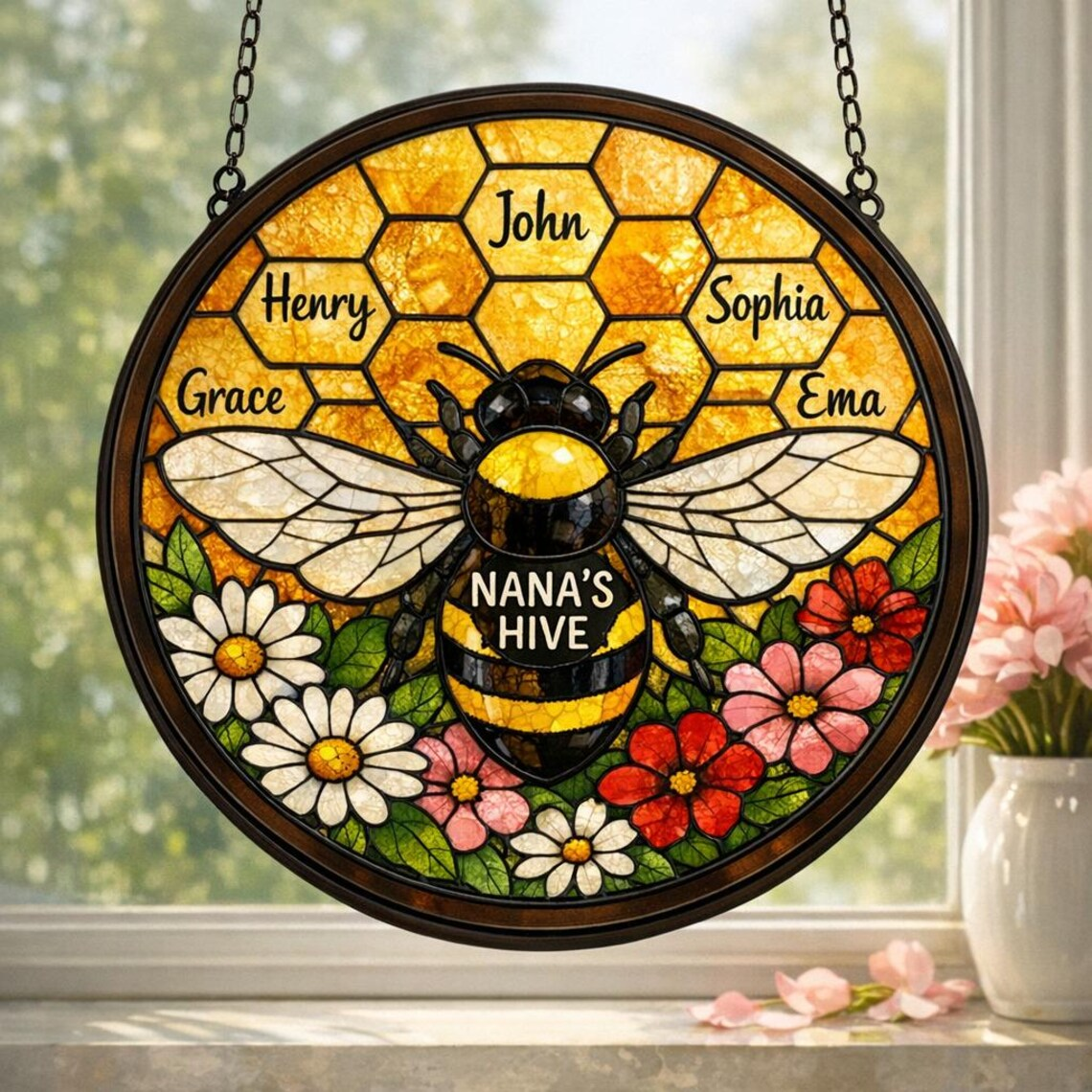 Personalized Bee Family Stained Glass Suncatcher: Nana’s Hive Stained Glass, Custom Kids Name, Mother's Day Gift