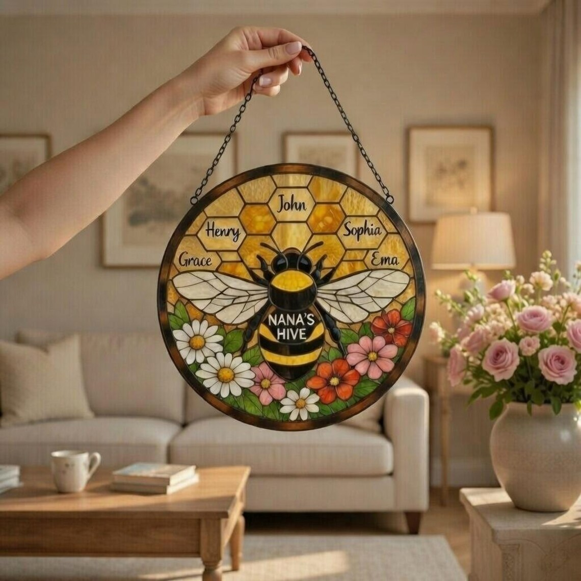 Personalized Bee Family Stained Glass Suncatcher: Nana’s Hive Stained Glass, Custom Kids Name, Mother's Day Gift