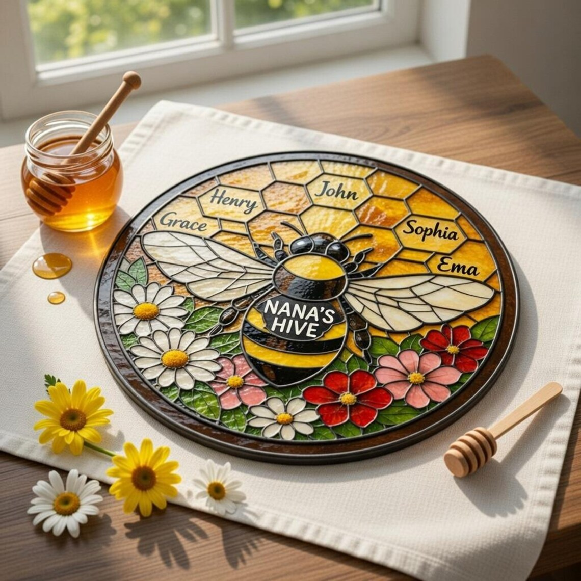 Personalized Bee Family Stained Glass Suncatcher: Nana’s Hive Stained Glass, Custom Kids Name, Mother's Day Gift