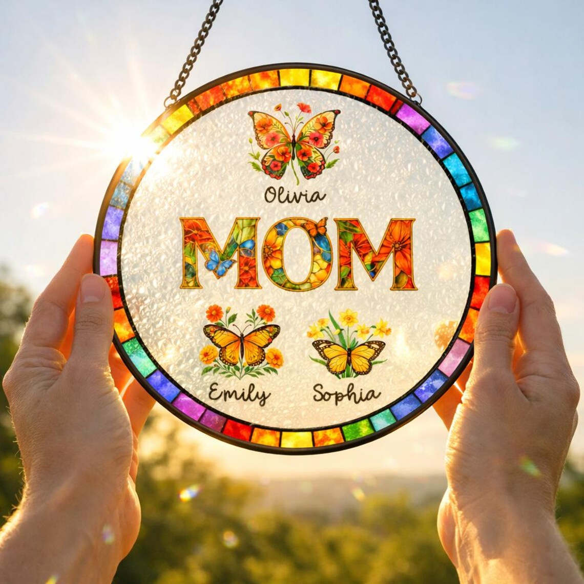 Personalized Mom Glass Suncatcher, Mother's Day Gift for Grandma Nini Mum Nan, Custom Butterfly & Birth Month Flower with Grandkids’ Names