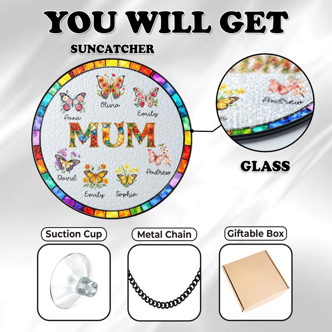 Personalized Mom Glass Suncatcher, Mother's Day Gift for Grandma Nini Mum Nan, Custom Butterfly & Birth Month Flower with Grandkids’ Names