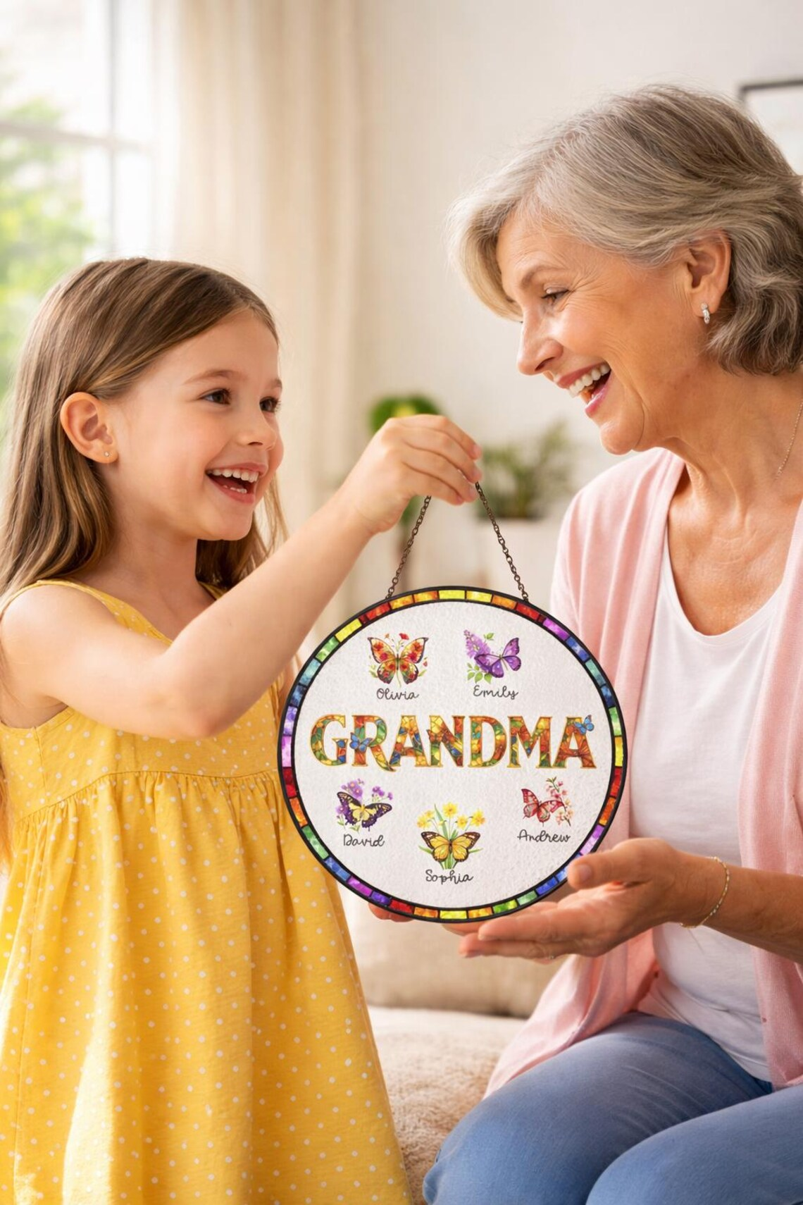Personalized Mom Glass Suncatcher, Mother's Day Gift for Grandma Nini Mum Nan, Custom Butterfly & Birth Month Flower with Grandkids’ Names