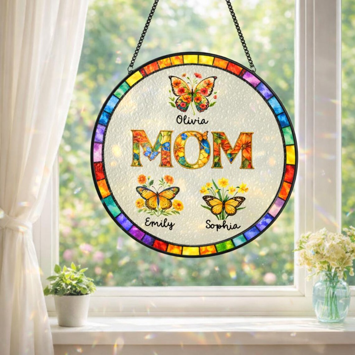 Personalized Mom Glass Suncatcher, Mother's Day Gift for Grandma Nini Mum Nan, Custom Butterfly & Birth Month Flower with Grandkids’ Names