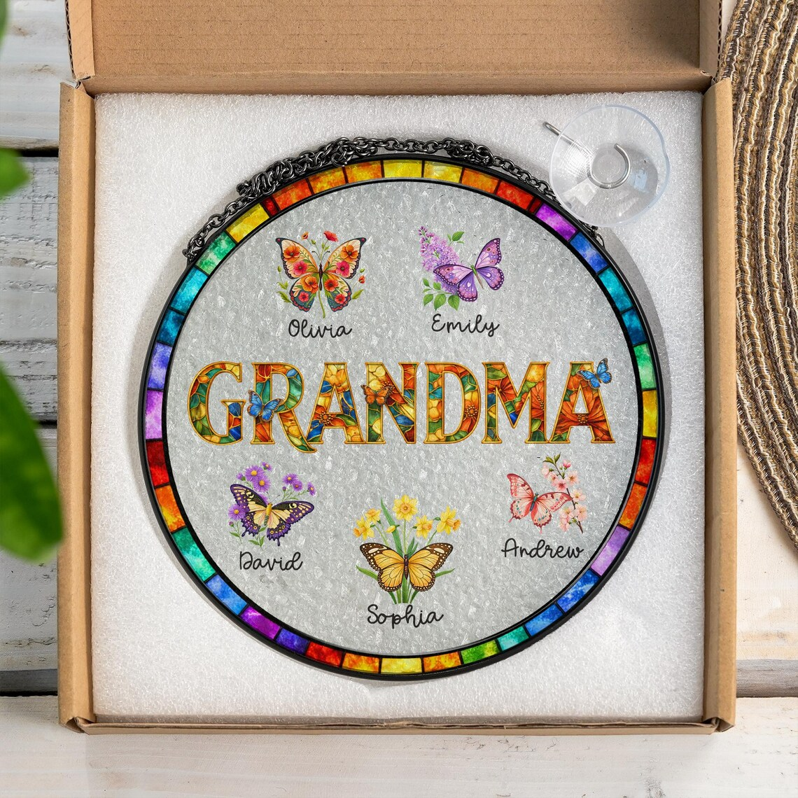Personalized Mom Glass Suncatcher, Mother's Day Gift for Grandma Nini Mum Nan, Custom Butterfly & Birth Month Flower with Grandkids’ Names