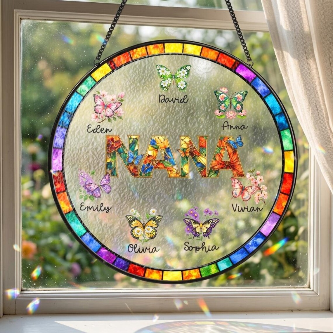 Personalized Mom Glass Suncatcher, Mother's Day Gift for Grandma Nini Mum Nan, Custom Butterfly & Birth Month Flower with Grandkids’ Names
