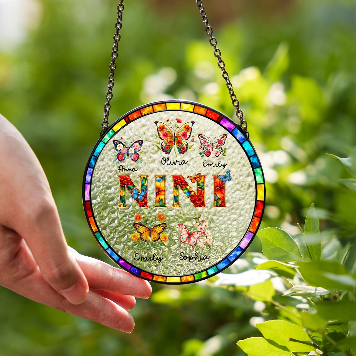 Personalized Mom Glass Suncatcher, Mother's Day Gift for Grandma Nini Mum Nan, Custom Butterfly & Birth Month Flower with Grandkids’ Names