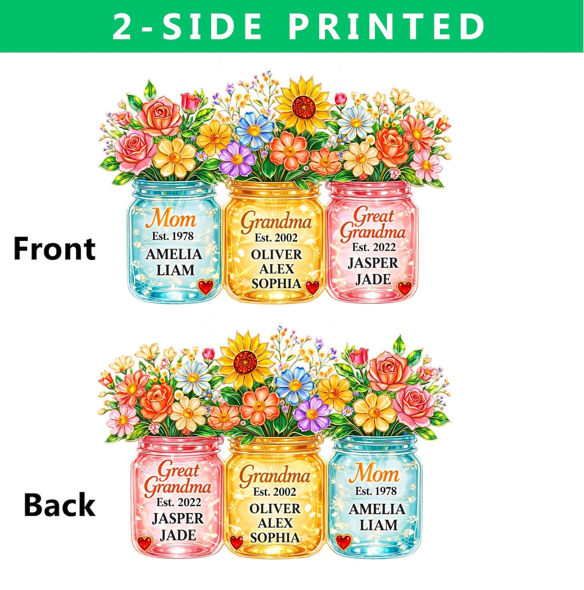 Personalized Mom Grandma Great Grandma Suncatcher, Birth Flower Mason Jar Gift from Kids, Mother's Day Gift for Mom Grandma