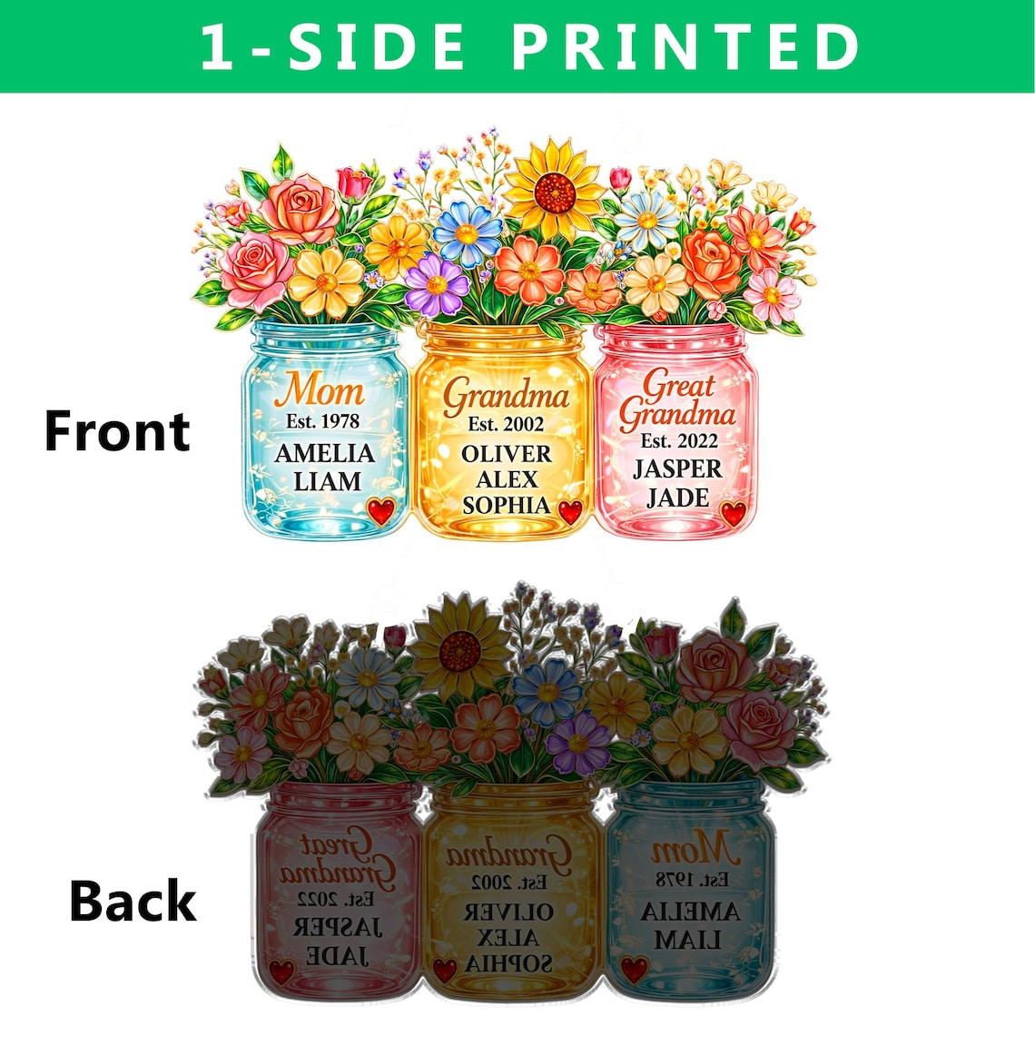 Personalized Mom Grandma Great Grandma Suncatcher, Birth Flower Mason Jar Gift from Kids, Mother's Day Gift for Mom Grandma