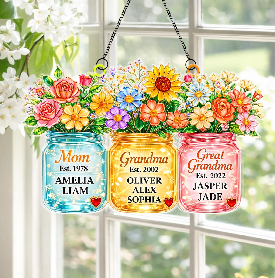 Personalized Mom Grandma Great Grandma Suncatcher, Birth Flower Mason Jar Gift from Kids, Mother's Day Gift for Mom Grandma