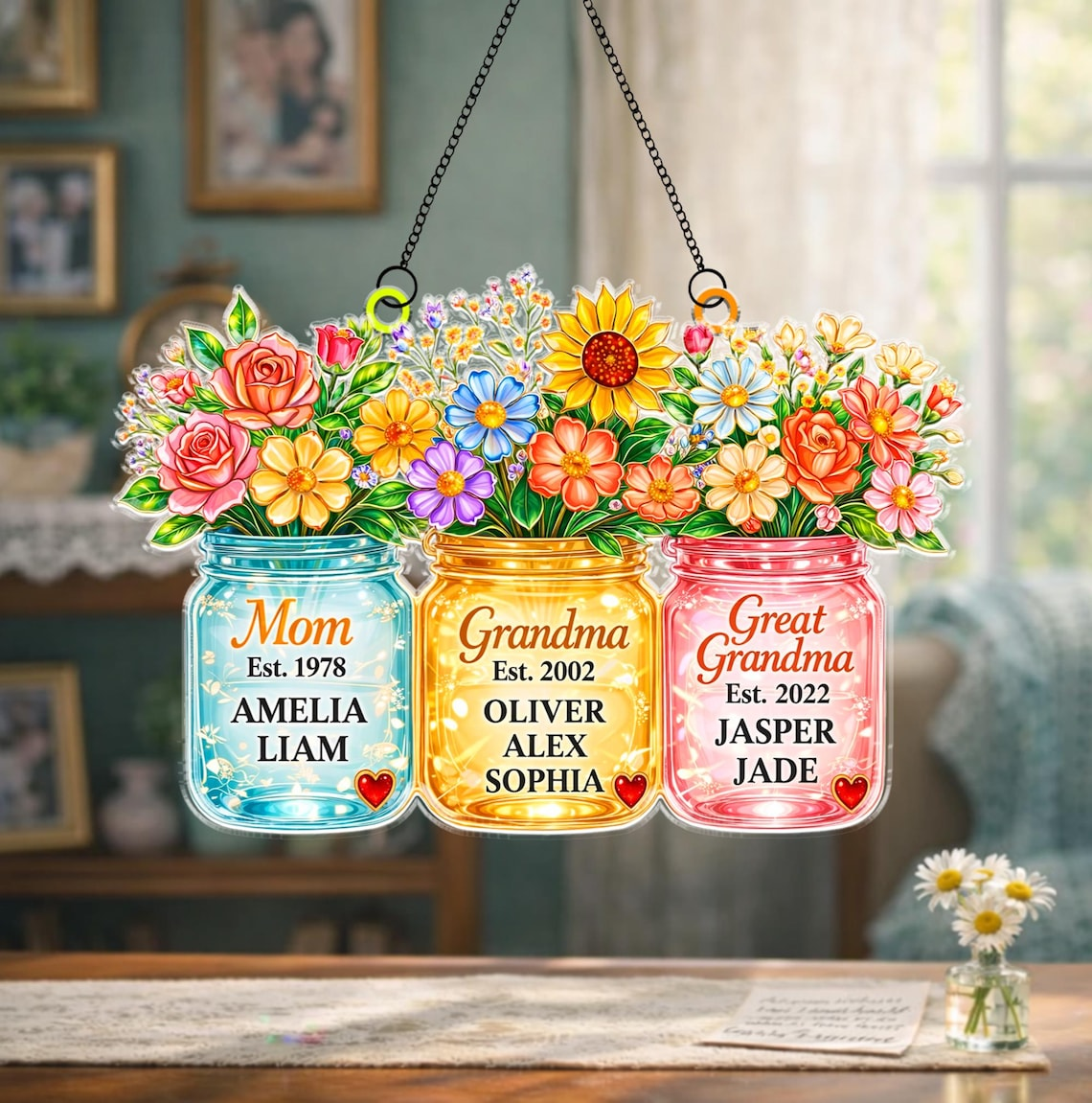 Personalized Mom Grandma Great Grandma Suncatcher, Birth Flower Mason Jar Gift from Kids, Mother's Day Gift for Mom Grandma
