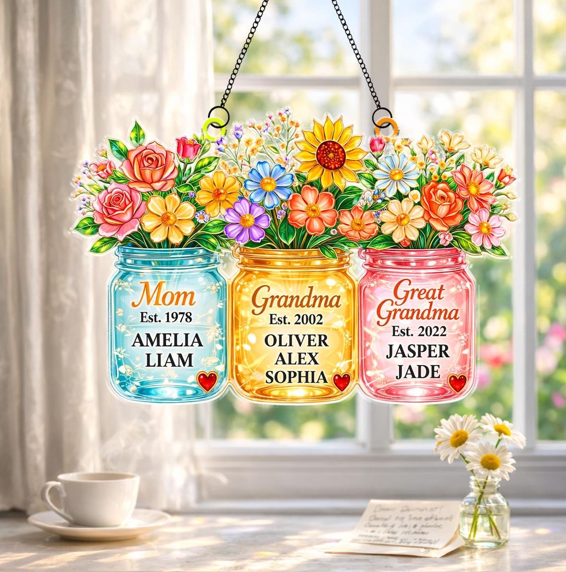Personalized Mom Grandma Great Grandma Suncatcher, Birth Flower Mason Jar Gift from Kids, Mother's Day Gift for Mom Grandma