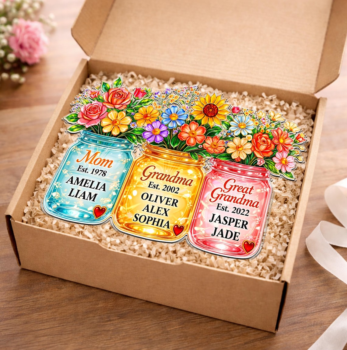 Personalized Mom Grandma Great Grandma Suncatcher, Birth Flower Mason Jar Gift from Kids, Mother's Day Gift for Mom Grandma