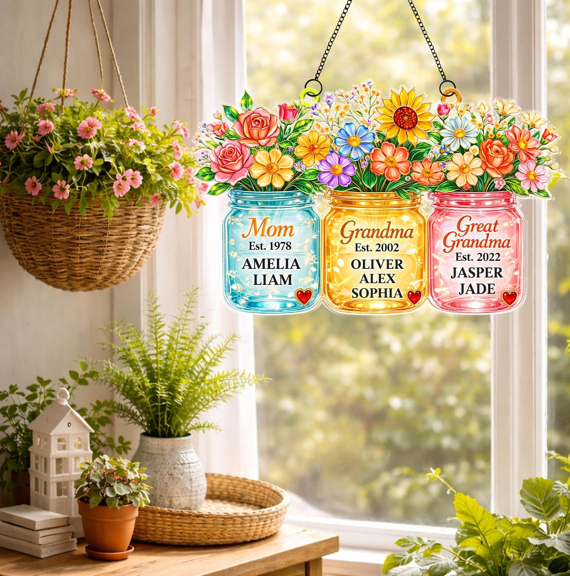 Personalized Mom Grandma Great Grandma Suncatcher, Birth Flower Mason Jar Gift from Kids, Mother's Day Gift for Mom Grandma