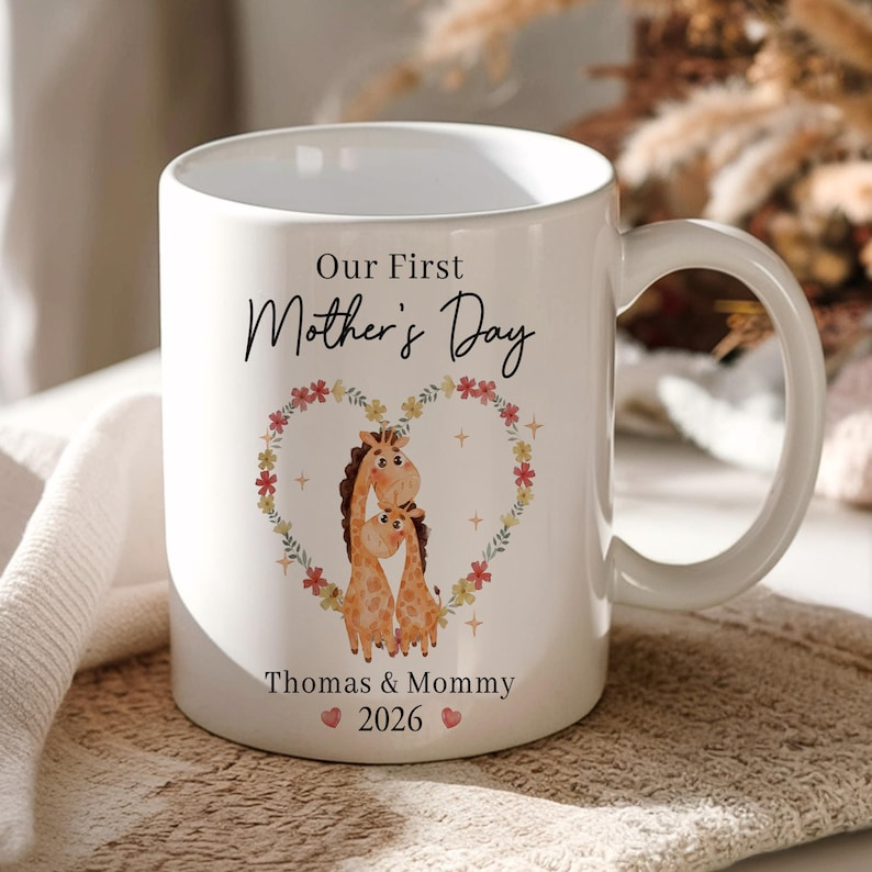 Personalized First Mothers Day Mug, Baby Giraffe Mommy And Me, Gift For New Mom