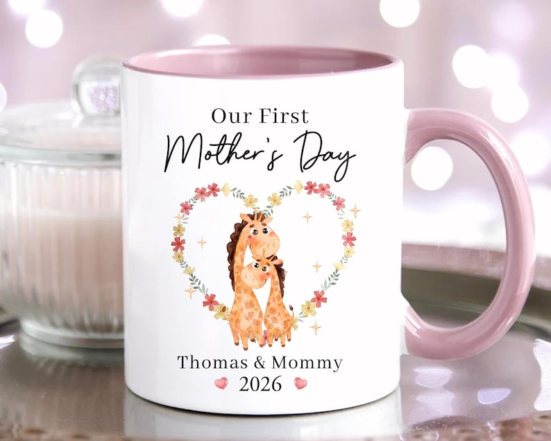 Personalized First Mothers Day Mug, Baby Giraffe Mommy And Me, Gift For New Mom