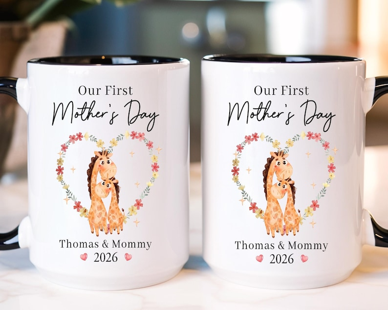 Personalized First Mothers Day Mug, Baby Giraffe Mommy And Me, Gift For New Mom