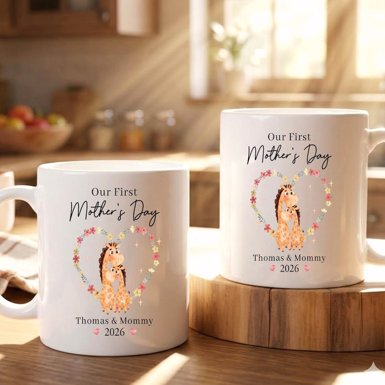 Personalized First Mothers Day Mug, Baby Giraffe Mommy And Me, Gift For New Mom