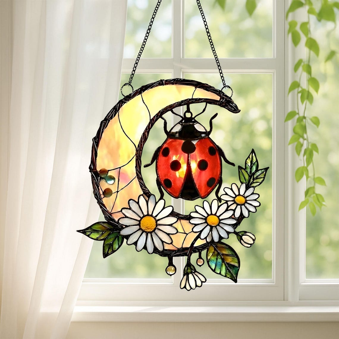 Ladybug Suncatcher Acrylic Window Hanging, Mother's Day Gift, Ladybug Daisy Flower Stained Glass Decor, Ladybug Lover, Mom Gift Grandma Gift