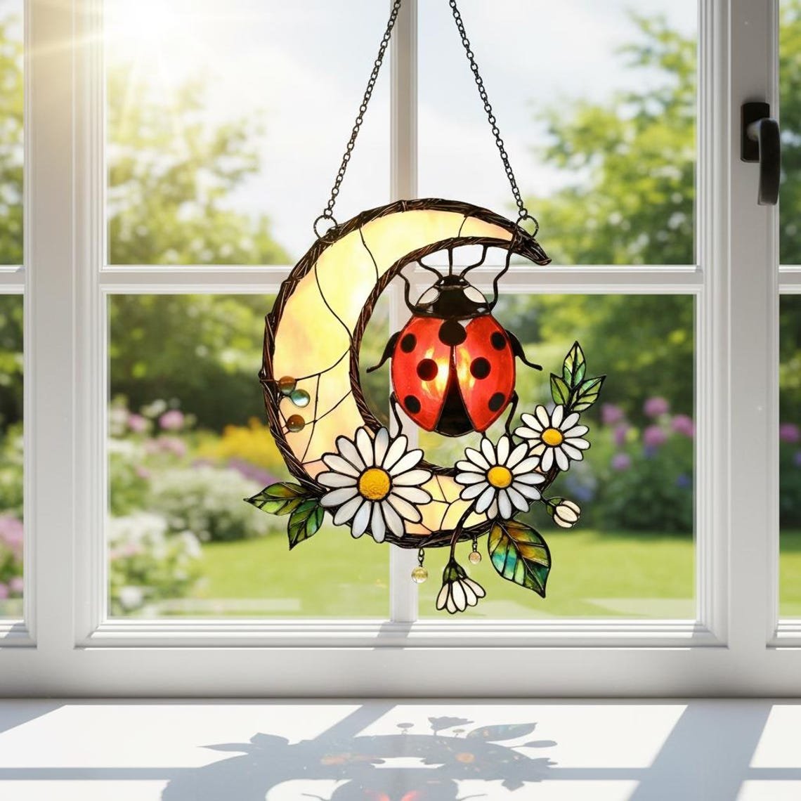 Ladybug Suncatcher Acrylic Window Hanging, Mother's Day Gift, Ladybug Daisy Flower Stained Glass Decor, Ladybug Lover, Mom Gift Grandma Gift