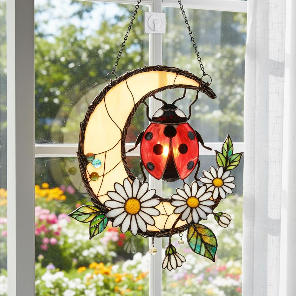 Ladybug Suncatcher Acrylic Window Hanging, Mother's Day Gift, Ladybug Daisy Flower Stained Glass Decor, Ladybug Lover, Mom Gift Grandma Gift