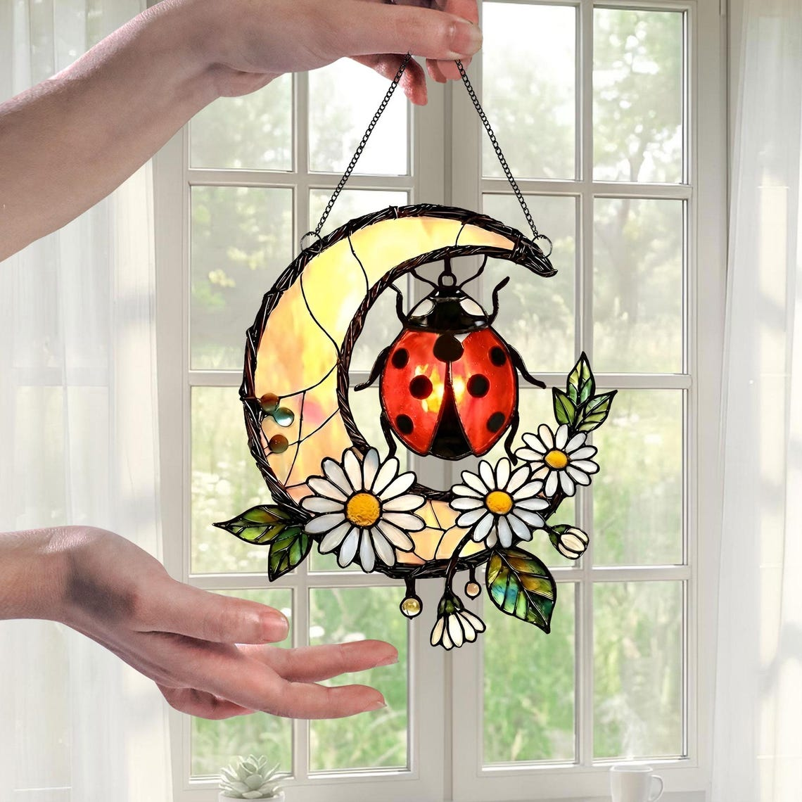 Ladybug Suncatcher Acrylic Window Hanging, Mother's Day Gift, Ladybug Daisy Flower Stained Glass Decor, Ladybug Lover, Mom Gift Grandma Gift