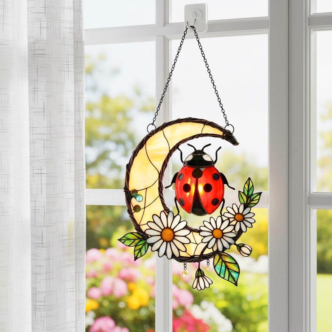 Ladybug Suncatcher Acrylic Window Hanging, Mother's Day Gift, Ladybug Daisy Flower Stained Glass Decor, Ladybug Lover, Mom Gift Grandma Gift
