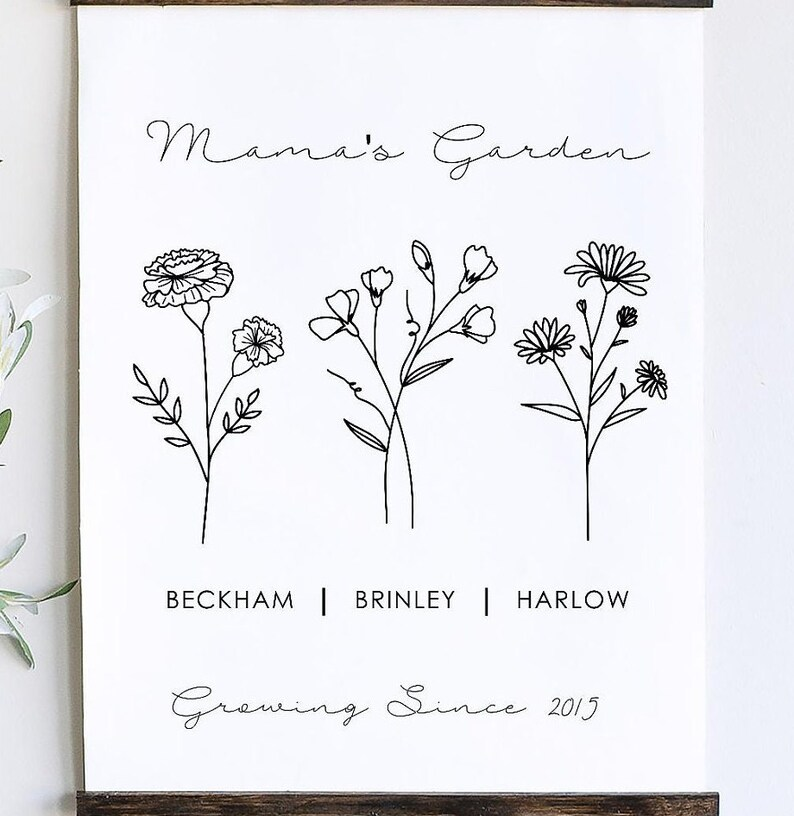Birth flower print, gift for mom, birthday gift for mom, gift for wife, personalized hanging canvas sign, minimalist wall hanging
