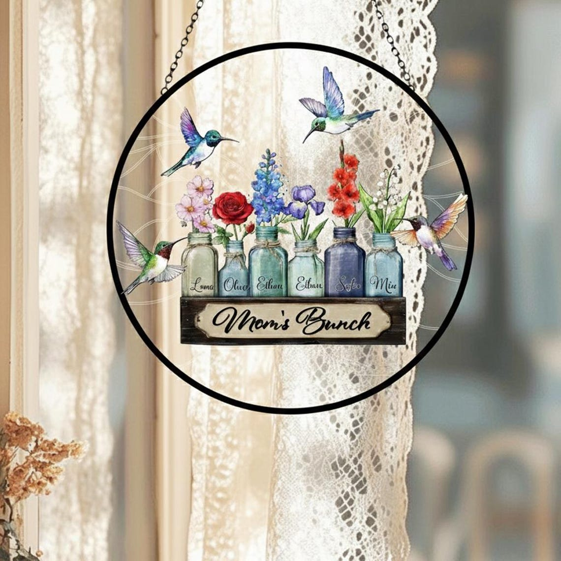Personalized Mother's Day Suncatcher, Custom Birth Flower Mason Jar Window Hanging