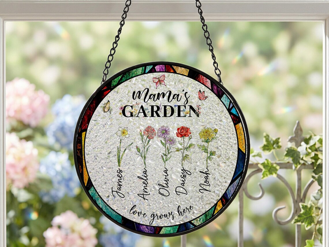 Custom Mama's Garden Suncatcher, Personalized Floral Window Decor, Birth Flower Gift for Mom, Family Garden Hanging, Mother's Day Gift for H