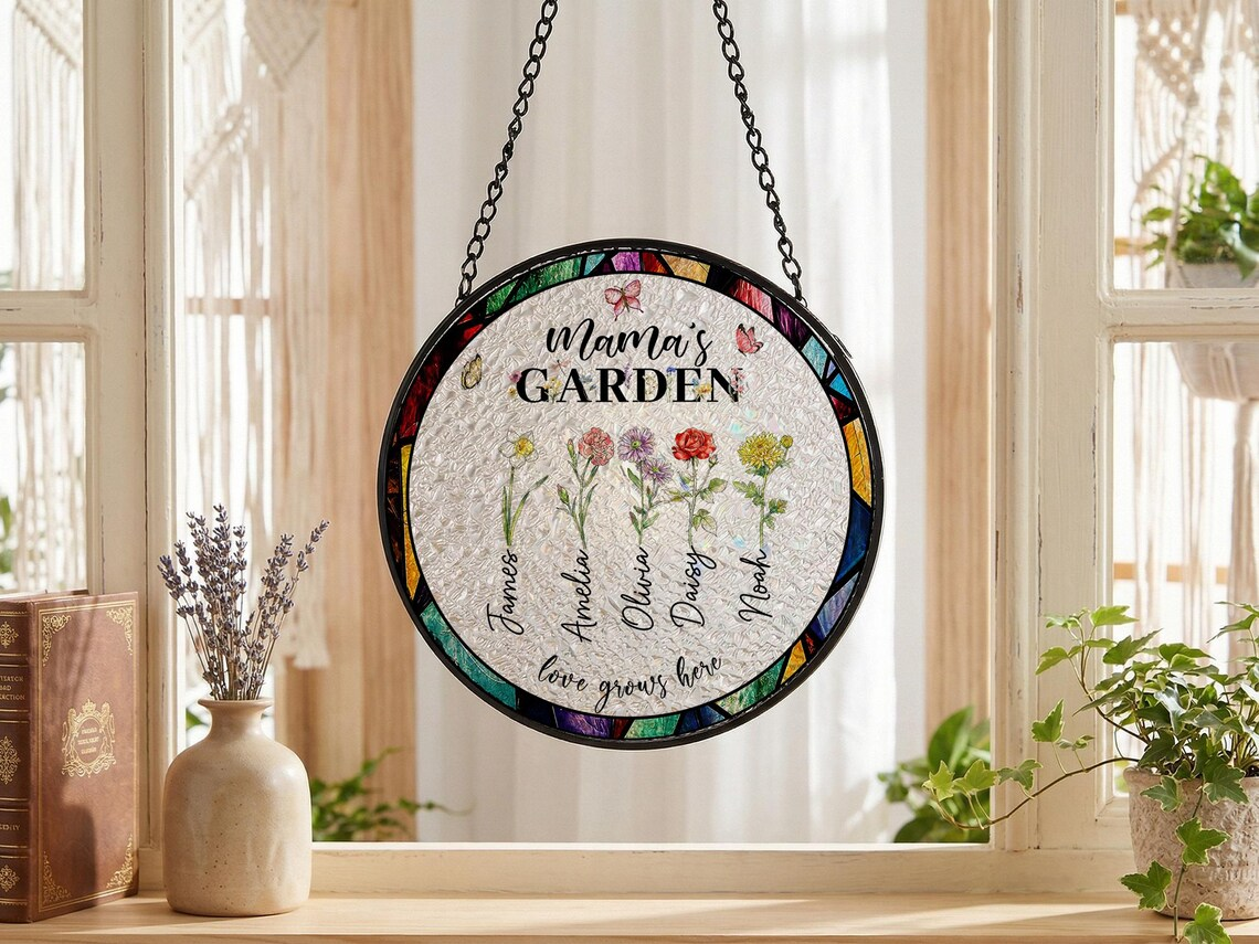 Custom Mama's Garden Suncatcher, Personalized Floral Window Decor, Birth Flower Gift for Mom, Family Garden Hanging, Mother's Day Gift for H