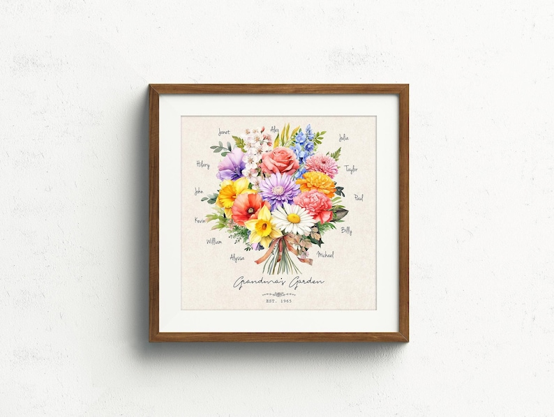 Mom's Garden Birth Flower Print | Custom Birth Flower Canvas | Personalized Family Bouquet for Mom | Gift from Daughter & Son | Mom Artwork