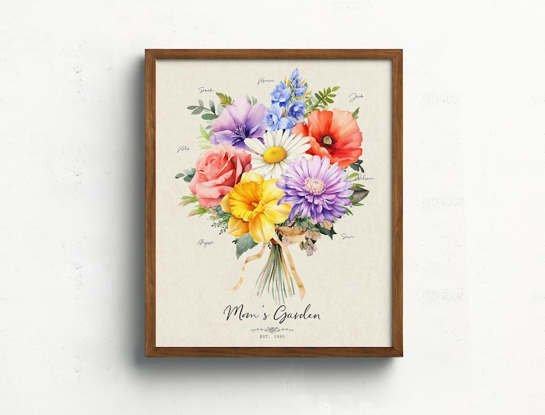 Mom's Garden Birth Flower Print | Custom Birth Flower Canvas | Personalized Family Bouquet for Mom | Gift from Daughter & Son | Mom Artwork