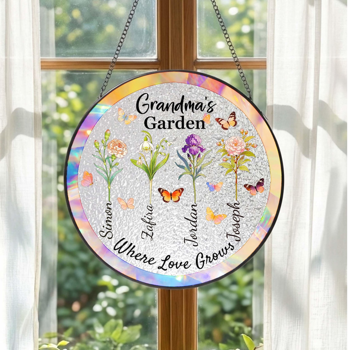 Custom Birth Flower Stained Glass Suncatcher, Personalized Family Name Window Hanging, Birth Month Flower Window Decor, Mother's Day Gift