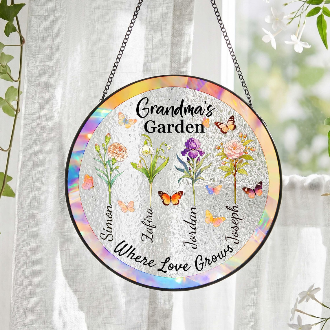 Custom Birth Flower Stained Glass Suncatcher, Personalized Family Name Window Hanging, Birth Month Flower Window Decor, Mother's Day Gift