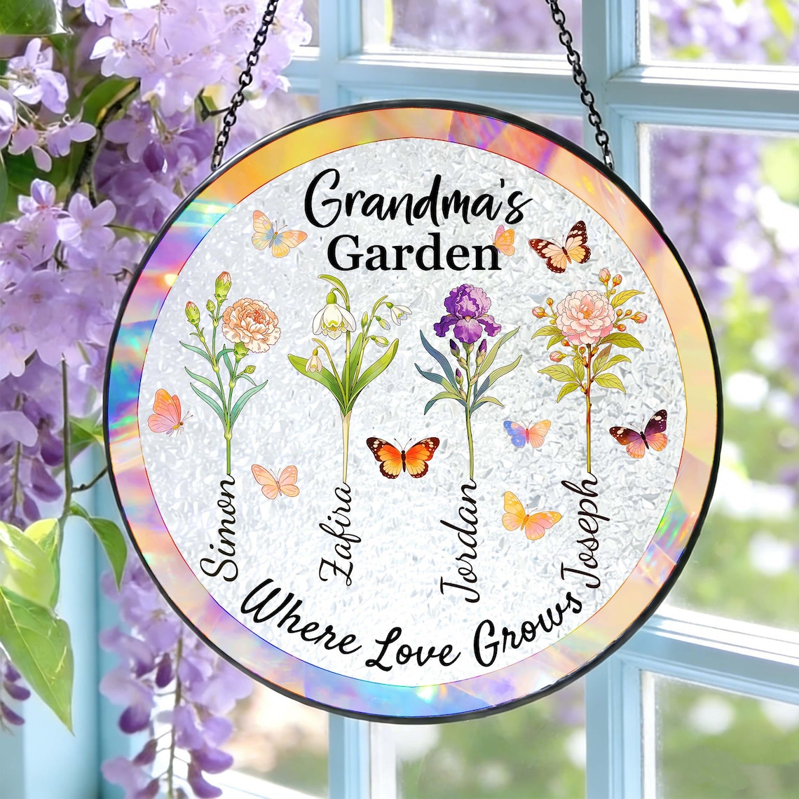 Custom Birth Flower Stained Glass Suncatcher, Personalized Family Name Window Hanging, Birth Month Flower Window Decor, Mother's Day Gift
